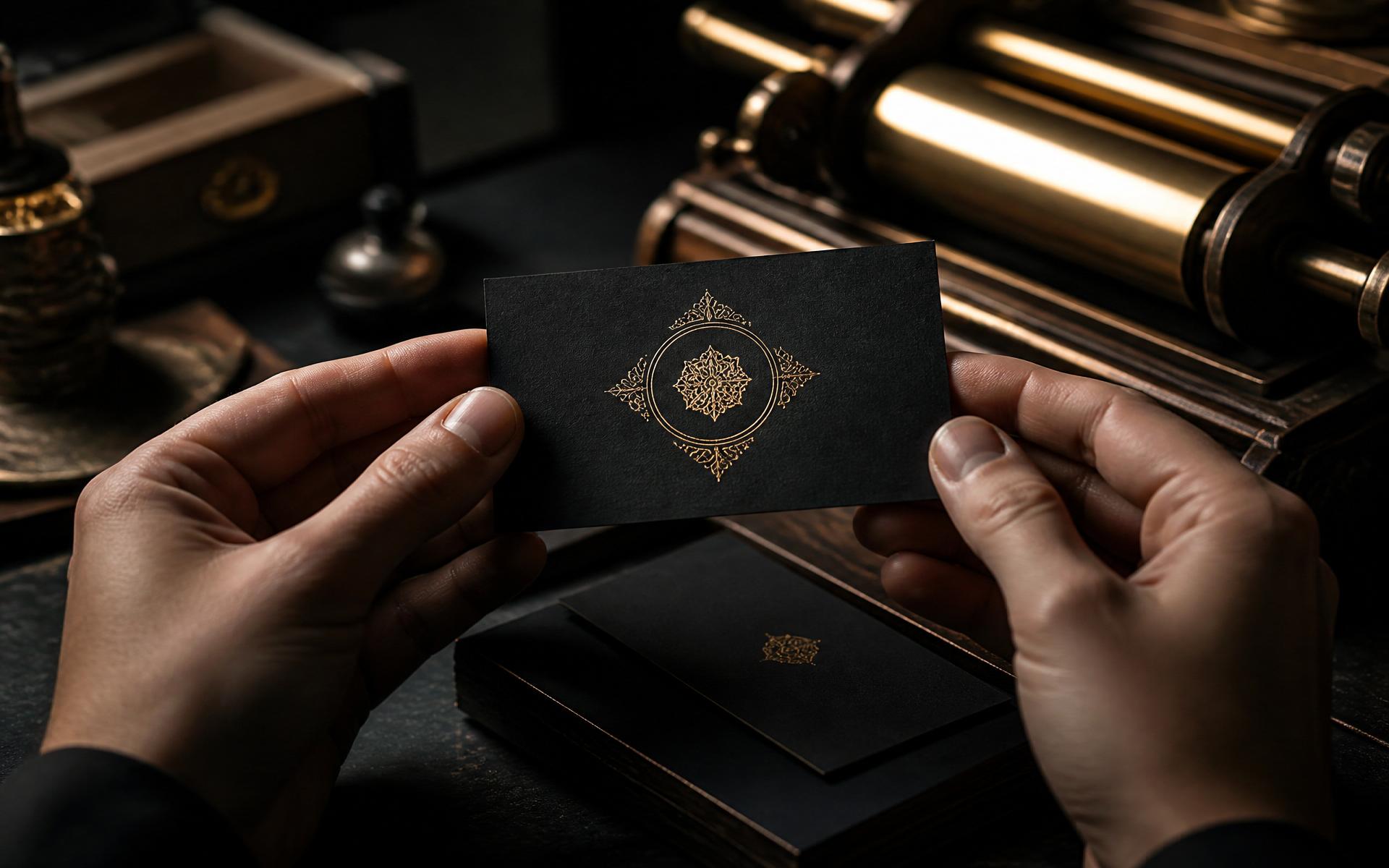 Cartão premium com hot stamping dourado sendo apresentado em estúdio